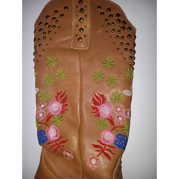 Dingo Poppy women's Flower Embroidery Studded leather cowgirl boots Tan Size 9 - Picture 9 of 11
